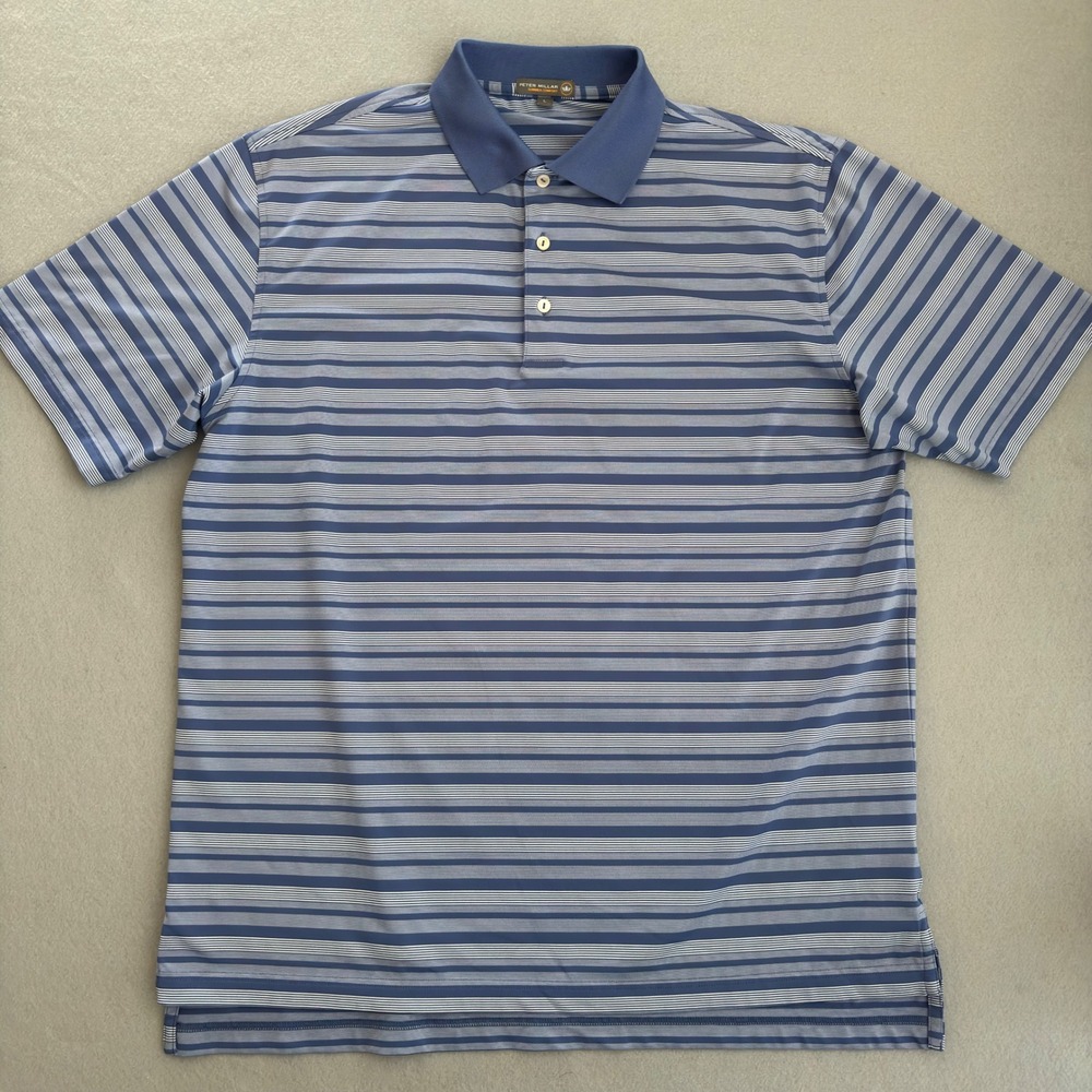 Peter Millar Summer Comfort Mens Large Blue Striped Golf Polo Shirt Short Sleeve